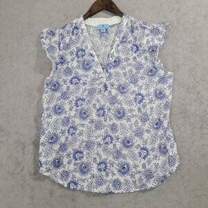 CeCe Womens Blue & White Floral Lace Trim Blouse Size XL